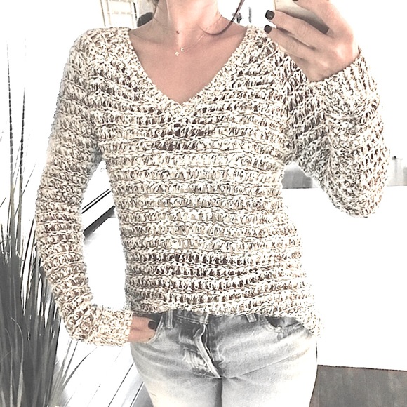 LOFT Chunky V-Neck Open Knit Sweater, Gray & White Marled | Sz S - Picture 8 of 9